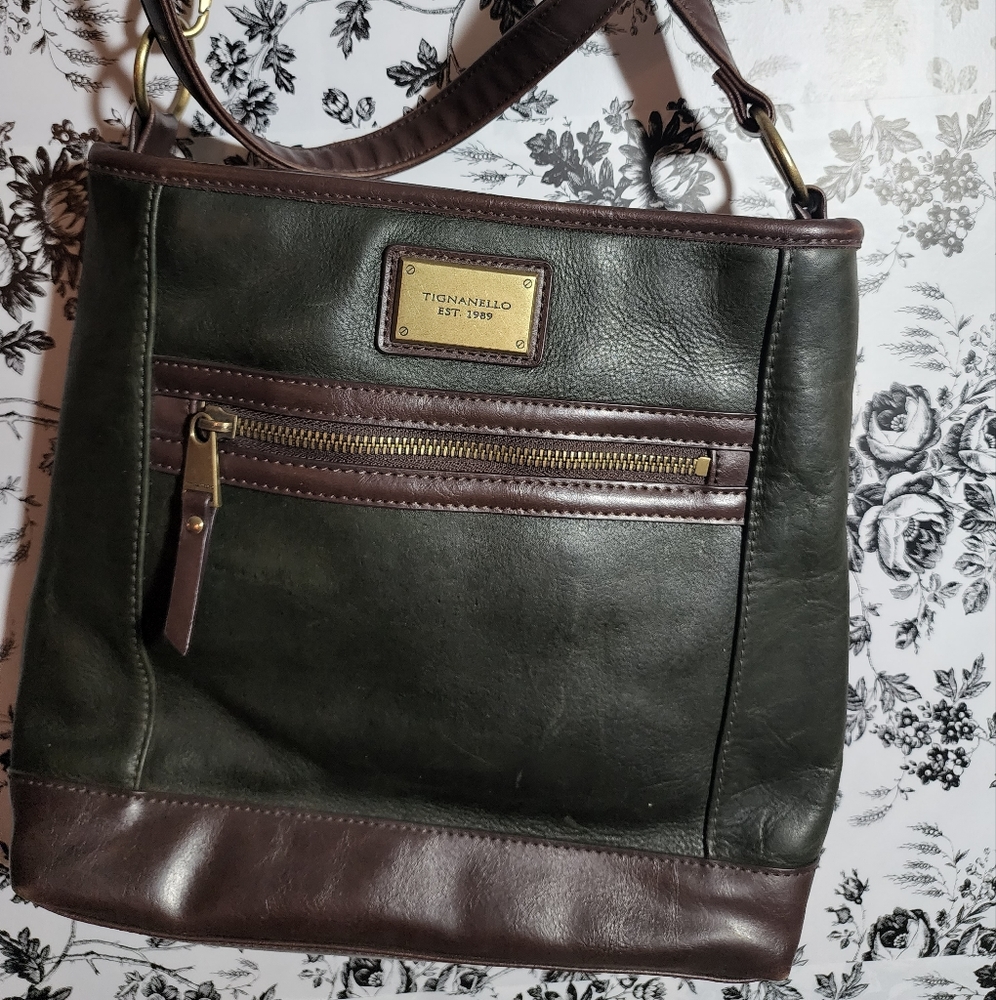 Tignanello Green Brown Leather Crossbody Purse. Gem
